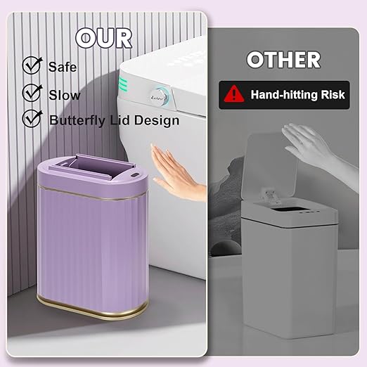 ELPHECO Bathroom Trash Can with Lid Butterfly, Motion Sensor Trash Can Bathroom Decor Automatic Garbage Can Wastebasket Bathroom Accessories, Kitchen, Living Room, Office, Purple Gold