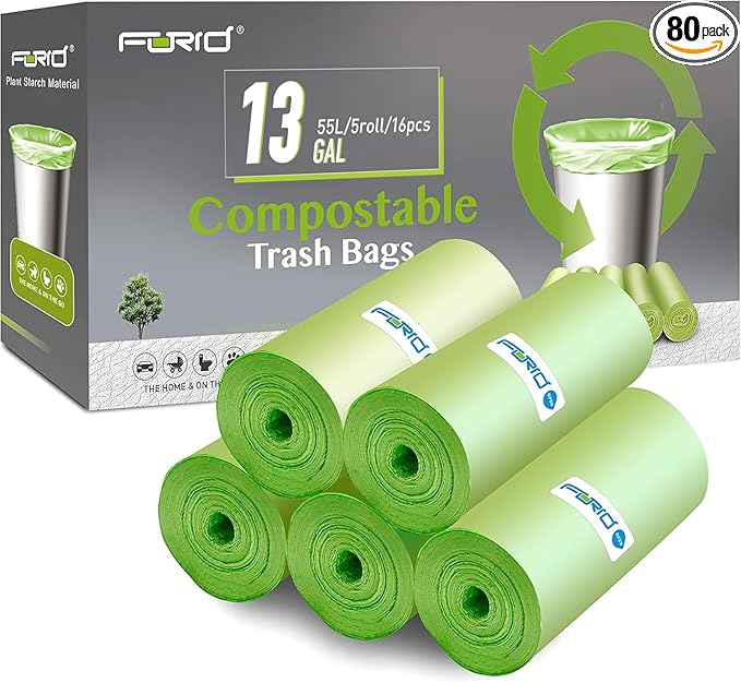 Compostable Trash Bags - FORID 13 Gallon Tall Kitchen Garbage Bags 80 Count Unscented Trash Can Liners 55 Liter Medium Wastebasket Bags for Bathroom Home Bedroom Office Garbage Can (5Rolls/Green)