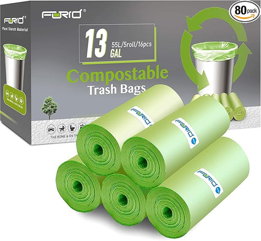 Compostable Trash Bags - FORID 13 Gallon Tall Kitchen Garbage Bags 80 Count Unscented Trash Can Liners 55 Liter Medium Wastebasket Bags for Bathroom Home Bedroom Office Garbage Can (5Rolls/Green)