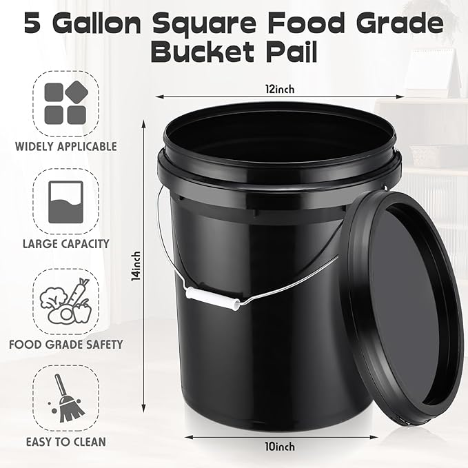 Vesici 6 Pack 5 Gallon Bucket Black Pail Storage Food Container Buckets with Lid Handle Heavy Duty Black Plastic Bucket with DIY Label Sticker for Home Improvement Household Cleaning Flour Rice