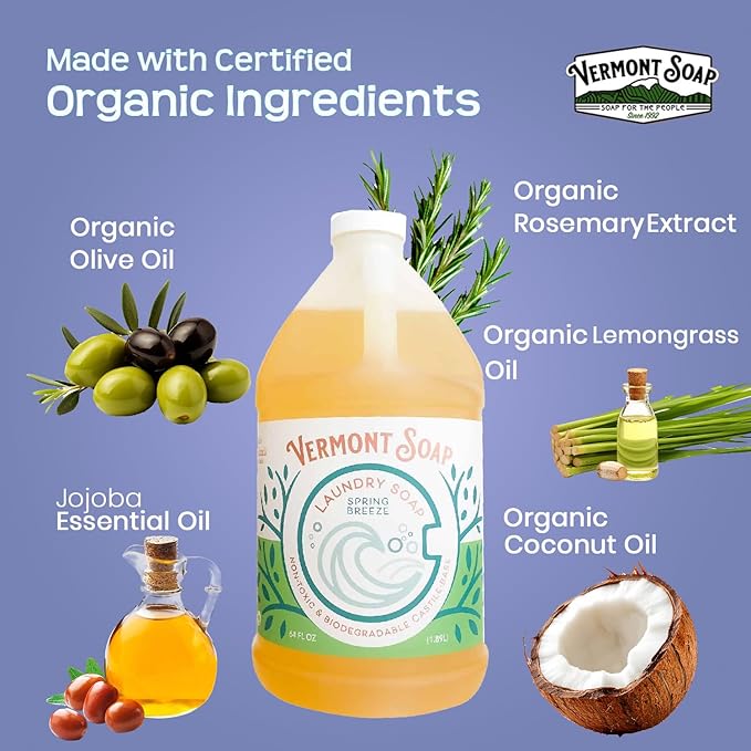 Vermont Soap Laundry Detergent, Laundry Soap, Natural Laundry Detergent Liquid, Baby Detergent, washing — Spring Breeze, 64 Fl Oz