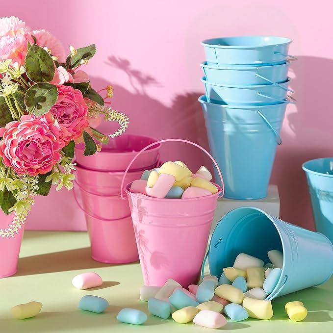Sadnyy 12 Pack Metal Buckets with Handle, Galvanized Bucket 4.5 x 5 Inch Basket Bucket Party Supplies, Crafts for Christmas Halloween Candy Bars Vase Crafts(Pink Blue)
