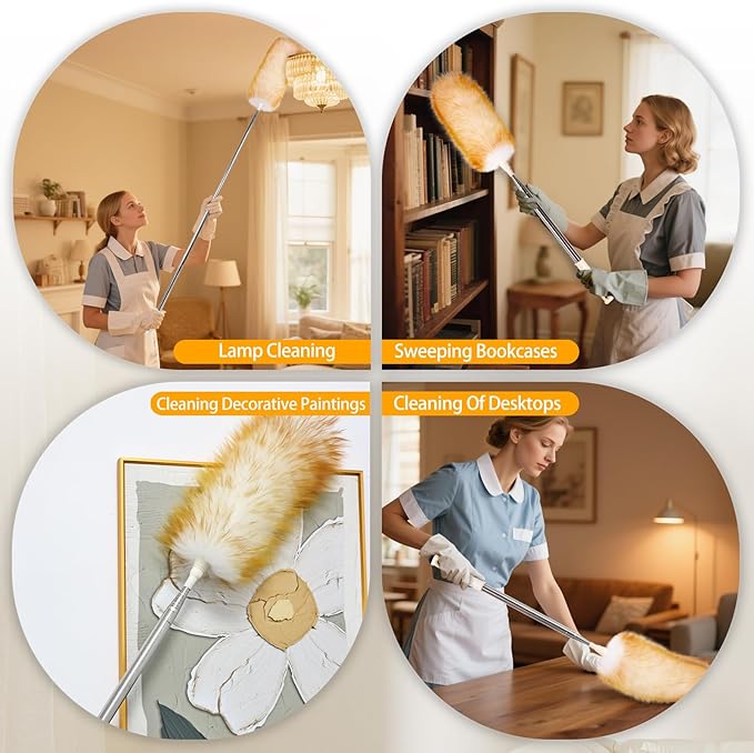 Extendable Lambswool Duster Stainless Steel Handle 133" Removable Feather Duster for Cleaning Ceiling Fans Interior Roof Furniture, Yellow