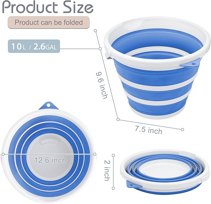 Goderewlid Collapsible Bucket 2.6 Gal/10L, BPA-Free - Space-Saving, Portable Foldable Water Pail for Versatile Use, Home, Outdoors, Car Wash, Camping, Fishing - Blue, Single Pack