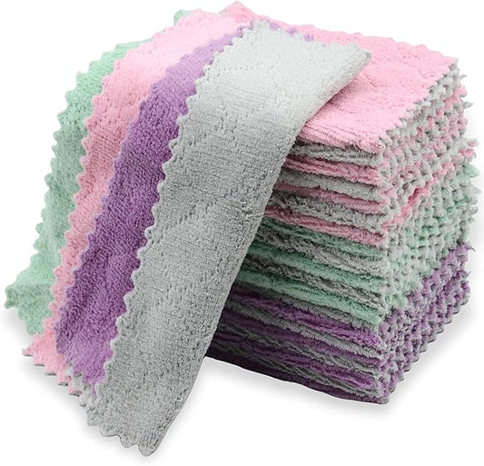 24PCS Kitchen Dishcloth, Microfiber Washcloth, Soft Cleaning Cloths, Coral Fleece/Lint Free/Absorbent/Quick Dry/Nonstick Oil Rags, Reusable Washable Tea Towel, 6''x10''(Mixcolor)