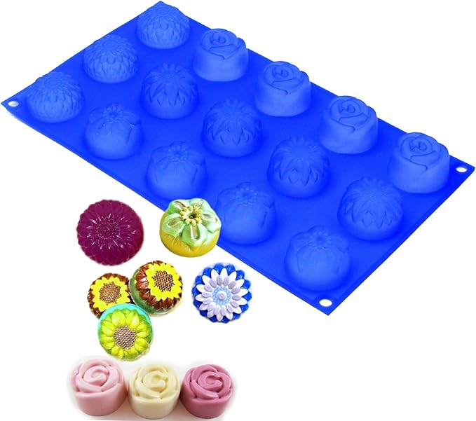 X-Haibei Floral Silicone Mold – Sunflower, Chrysanthemum, Rose, and Small Flower Designs – Perfect for Guest Soap, Sample Soap, Lotion Bars, Chocolate, and Jello 1oz, Dia. 1.6inch