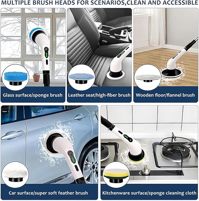Electric Spin Scrubber - Cordless Cleaning Brush with 9 Attachment Shower and Grout Cleaner, Adjustable Extension Handle, IPX7 Waterproof for Tile Floor Tub Car (White)