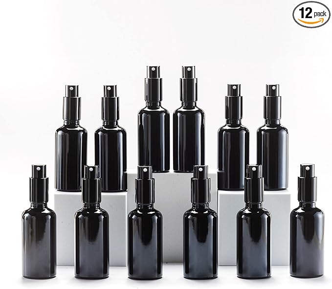 YIZHAO Black Glass Spray Bottles 2oz, with Small Fine Mist Spray, Metal Cap, Refillable for Essential Oil,Travel,Cleaning,Perfume,Aromatherapy,Makeup – 12 Pcs