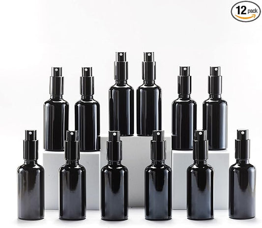 YIZHAO Black Glass Spray Bottles 2oz, with Small Fine Mist Spray, Metal Cap, Refillable for Essential Oil,Travel,Cleaning,Perfume,Aromatherapy,Makeup – 12 Pcs