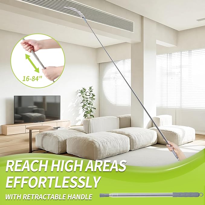 Skinny Duster with Extension Pole for Under Furniture, Under Appliance Cleaning Tool with 3 Microfiber Dusting Cloths, Retractable Flat Duster for Under Refrigerator, Tight Spaces, Gap