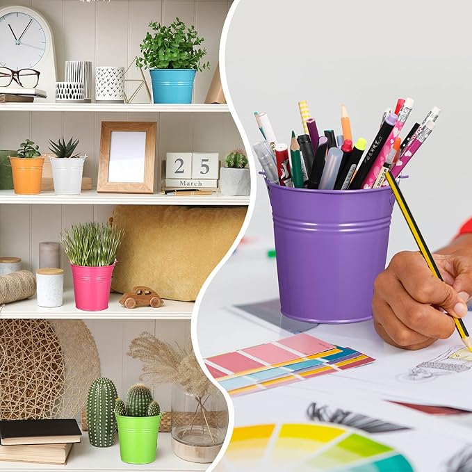 Therwen 24 Pieces Small Metal Buckets Colored Galvanized Bucket Round Metal Pail for Kids Classroom Candy Crafts,Utensils, Vase Party Favor(with Handle,4.13 Inch)