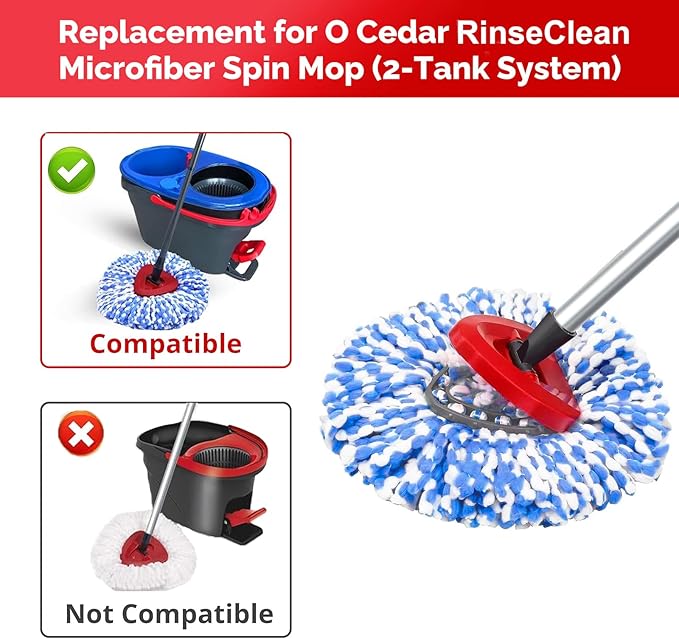 Spin Mop Head, Base, Handle Replacement for O-Ceda RinseClean 2 Tank System,4 Microfiber Mop Refills, 1 Base and 30-58in Handl Set Combo (Blue 2 Tank System)