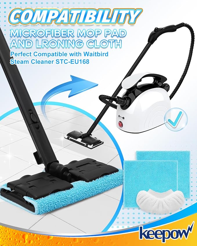 KEEPOW Reusable Microfiber Mop Pads Fit for Waitbird Steam Cleaner STC-EU168, 4 Pack Microfiber Cleaning Replacement Pads for Hardwood Floor Cleaning & 4 Pack Ironing Cloths, (Mop is Not Included)