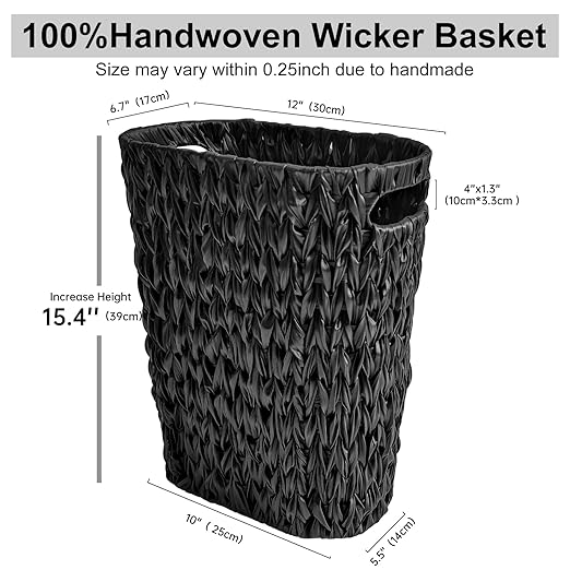 5 Gallon Wicker Trash Can,Black Bathroom Trash Can,Wicker Trash Basket with Handles,Handwoven Small Waste Basket for Bathroom,Bedroom,Kitchen,Office,20 Liters