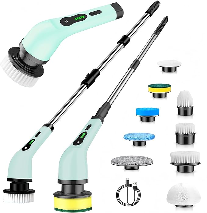 Electric Spin Scrubber Cordless - Grout Cleaner with 9 Attachments & Extension Handle, IPX7 Waterproof for Tile, Shower, Tub, Car & Bathroom, USB-C Rechargeable (Green)