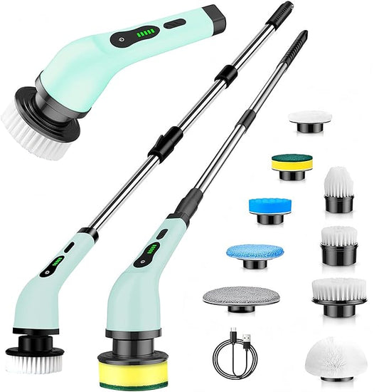 Electric Spin Scrubber Cordless - Grout Cleaner with 9 Attachments & Extension Handle, IPX7 Waterproof for Tile, Shower, Tub, Car & Bathroom, USB-C Rechargeable (Green)
