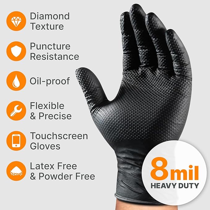 Disposable 5 & 8 Mil Black Nitrile Gloves 100-1000Pcs S-XL – Heavy Duty Latex & Powder-Free – Textured, Chemical-Resistant