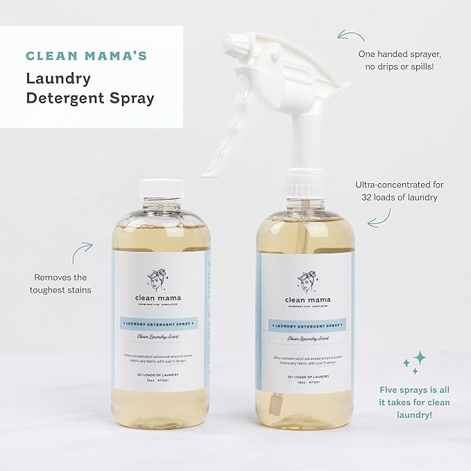 Clean Mama Laundry Detergent Spray & Pre-Treater - Natural Laundry Detergent Soap for Sensitive Skin - Eco-Friendly, HE Compatible - Unscented - 32+ Loads of Laundry, 16 oz
