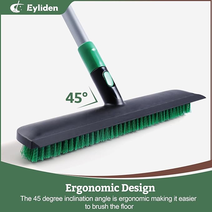 Eyliden X-Large Floor Scrub Brush, 2 in 1 Scrape Brushes with Rubber Squeegee | 55.3" Long Handle, 15" Wide Stiff Bristle Head | Floor Scrubber for Deck Kitchen Shower Bathroom Tub Tile Patio Wall
