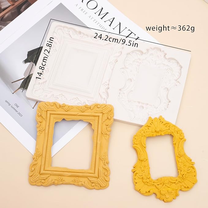 Baroque Photo Frame Silicone Mold, European Relief Scroll Frame Fondant Mold, for Baroque Cake Decoration, Modeling Clay, Resin Crafts, Desktop Ornaments, Reusable