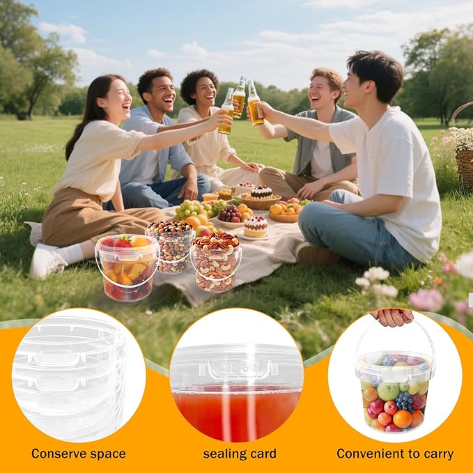 24 Pcs 48 oz Clear Buckets with Lids, Plastic Ice Cream Containers with Colorful Stickers and Handle, Round Food Storage Pails for Freezer and Microwave