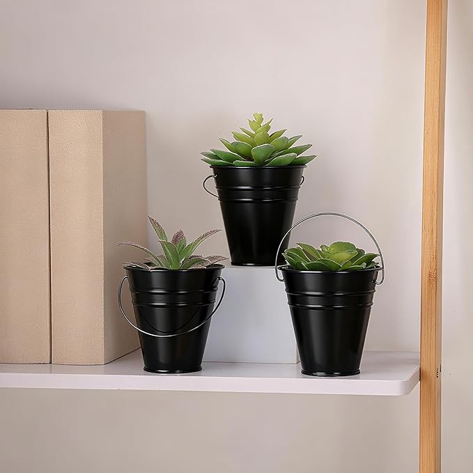 Sadnyy 12 Pcs 3.5in Small Metal Buckets with Handle, Mini Metal Pail Tin Galvanized Pail Container for Trick or Treat Flower Plant Craft Halloween Party Favors Garden Home Decoration (Black)