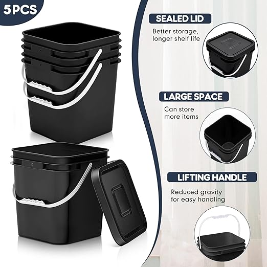 Mumufy 10 Pcs 3.5 Gallon Square Food Grade Bucket with Lid Plastic Pail with Handle and Lid Square Buckets for Storing Dry Food Charcoal Camping Fishing(Black)