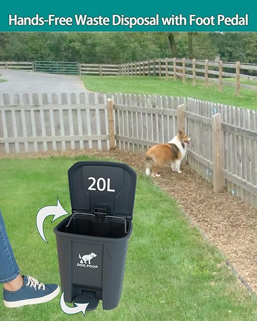 Dog Poop Trash Can Outside with Metal Rake & Tray – 20L Outdoor Pet Waste Bin with Foot Pedal Lid & 100 Bags – Waterproof Odor Control Heavy Duty Pooper Scooper for Yard & Large Dogs