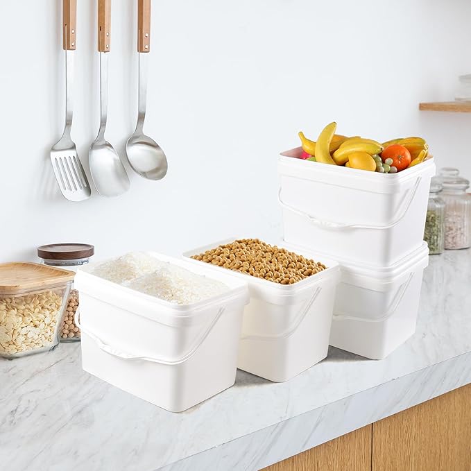 Readsky 5.2 Gallon Plastic White Rectangular Food Bucket with Lid, Small Rectangular Plastic Storge Bucket with Handle, 4 Packs