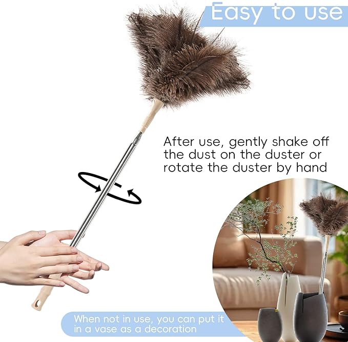 THARAHT Extendable Ostrich Feather Duster up to 27-94 inches Fluffy Feathers Long Handle Reusable for Cleaning Ceiling Fan Pendant lamp High Ceiling Blinds Furniture Feather Duster