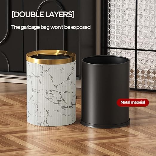 Small Fancy Bathroom Trash Can, Metal Trash can Covered with Leather, Open Top, with Inner for Bathroom, Living Room, Bedroom, Office, Bank, Hotel (9L-Chinese Style)