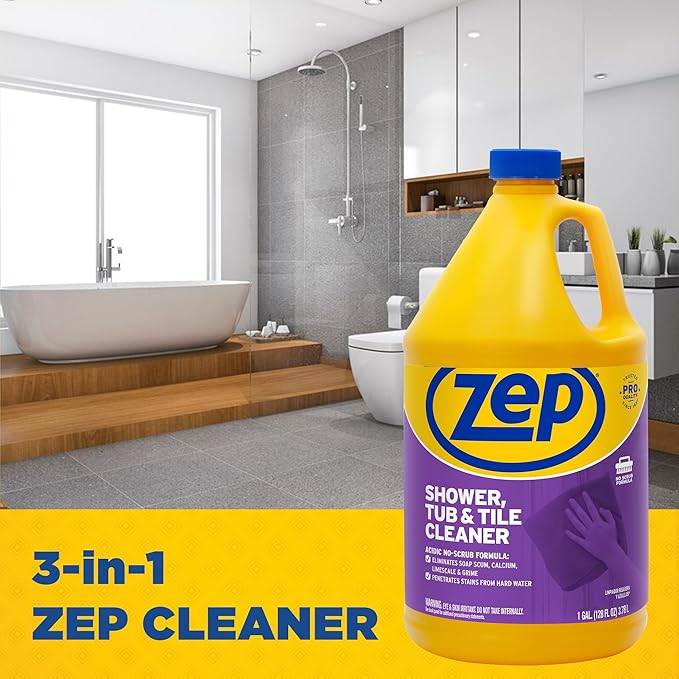 Zep Shower, Tub and Tile Cleaner - 1 Gallon (Case of 4) ZUSTT128 - No Scrub Pro Formula with Acid, Breaks Up Tough Buildup on Contact, Revealing Squeaky Clean Results