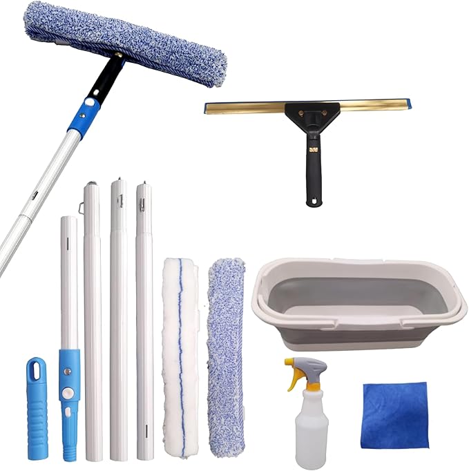 Window Cleaning Kit with Storage Bucket,Window Washing Kit with 4.5Ft Extension Pole,Scrubber,Spray Bottle,Duster Cloth,Squeegee with Rotating Head,Professional Window Cleaning Squeegee Kit