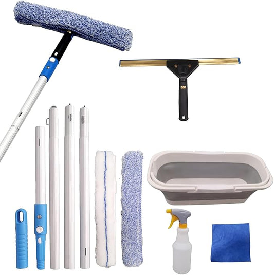 Window Cleaning Kit with Storage Bucket,Window Washing Kit with 4.5Ft Extension Pole,Scrubber,Spray Bottle,Duster Cloth,Squeegee with Rotating Head,Professional Window Cleaning Squeegee Kit