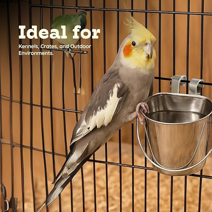 1 Quart Stainless Steel Flat Sided Bucket with Dual Hooks | Durable Food & Water Bowl for Dog Cat Bird & Small Animals | Fits kennel Cage Critter Crate Hanging Pet Pail | Multipurpose use