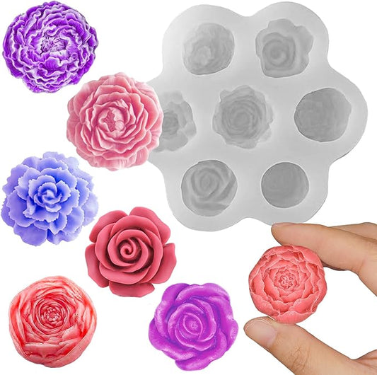 Wehous Flower Molds Silicone, 7 Cavity Rose Peony Fondant Mold for Jelly Chocolate Cake Decorating, 3D Candle Soap Silicone Mold Floral Epoxy Resin Casting Clay Mould Handmade Art Craft Accessories
