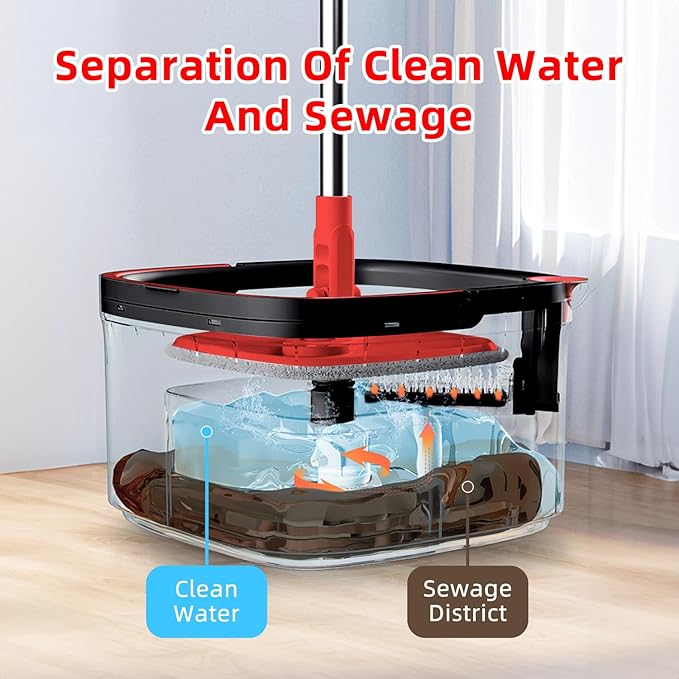 Spin Mop and Bucket Set with Separation Dirty and Clean Water System, Self Wringing 360° Rotating Clean Mop-Head and Bucket Set for Hardwood Tile Marble Floor with 6Pads-Black+Red