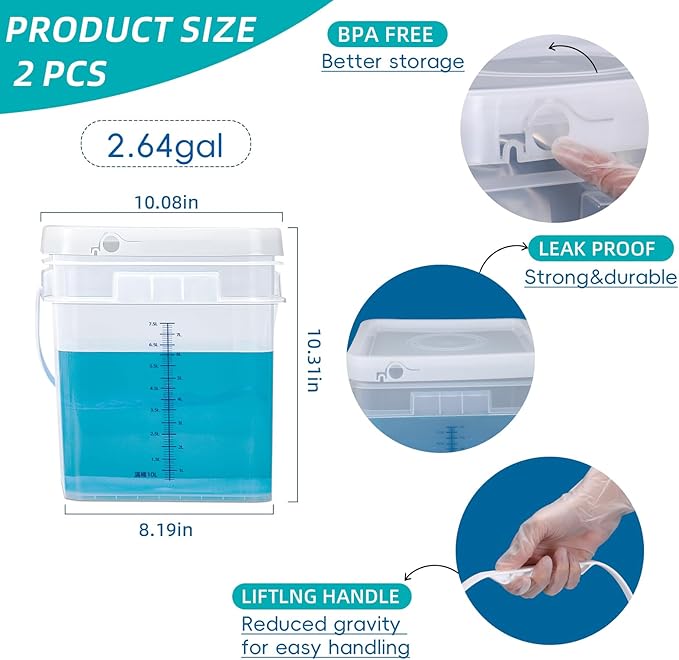 ASEVAT 2.6Gal 2Pack Clear Bucket Graduated Pail Container with Lid,Square Food Grade Buckets, Cleaning Containers Plastic Pails Extra Durable Handles with Grip for Easy Carrying