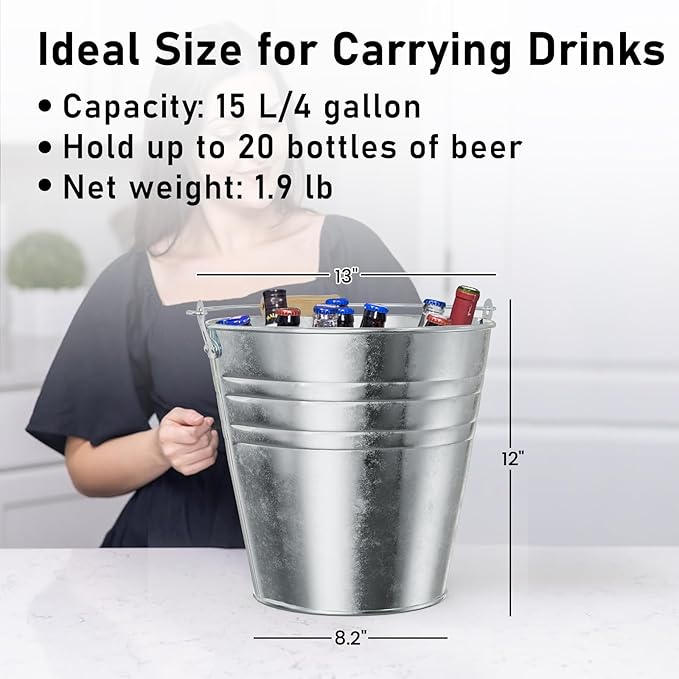 4 Gallon Galvanized Ice Bucket - Large Rustproof Metal Bucket Drink Tub with Wood Handles - 13" Beverage Bucket for Party BBQ Wedding Home Décor & Storage - 13"L x 13"W x 12"H