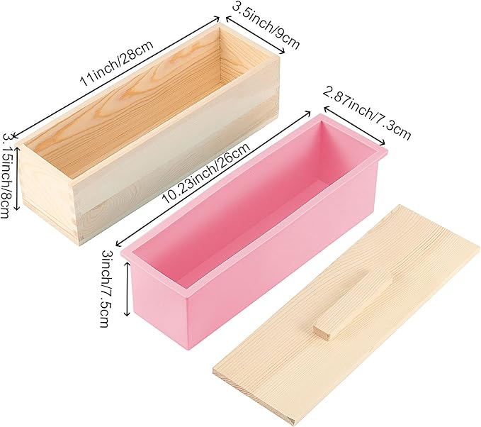 ZOENHOU Pack of 2 42 oz Pink Soap Molds, Flexible Rectangular Silicone Soap Making Molds Kit with Wood Box DIY Tool Set for Soap Making Supplies