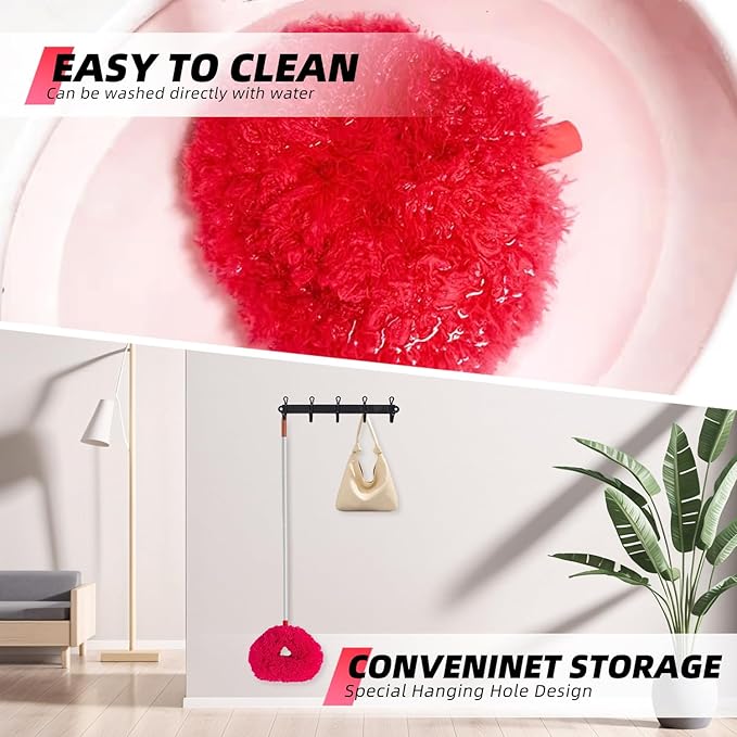 DRQ Ceiling Fan Cleaner Duster, 2 Pack Reusable Microfiber Duster with Extension Pole, 13 to 50 Inch Fan Blade Cleaner, Removable Dusters for Cleaning Walls Bookshelves Door Window Top (Rose Red)