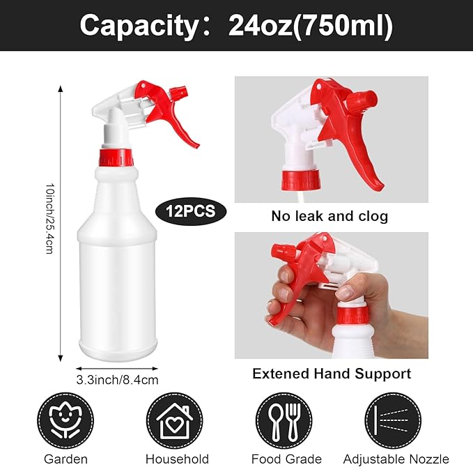 Gerrii 12 Pcs Plastic Spray Bottles with Adjustable Nozzle and Label for Cleaning 24 oz Anti Leak HDPE Spraying Bottles Empty Water Squirt Bottle(Red, Yellow)