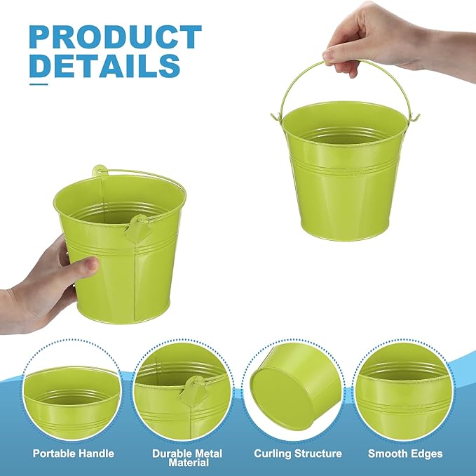 PATIKIL 5"x4.7" Small Metal Buckets with Handle, 12 Pcs Mini Bucket Easter Buckets, Green