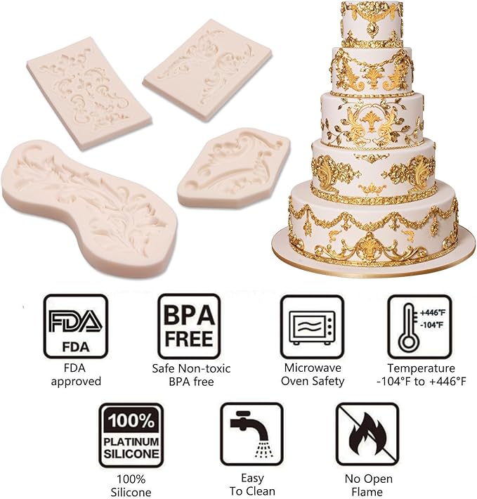 muyulin Baroque Silicone Molds Decorative Clay Mould, Fleur-de-lis Patterns 6 Pieces Scroll Feather Design for Chocolate Cake Decoration Cupcake Toppers