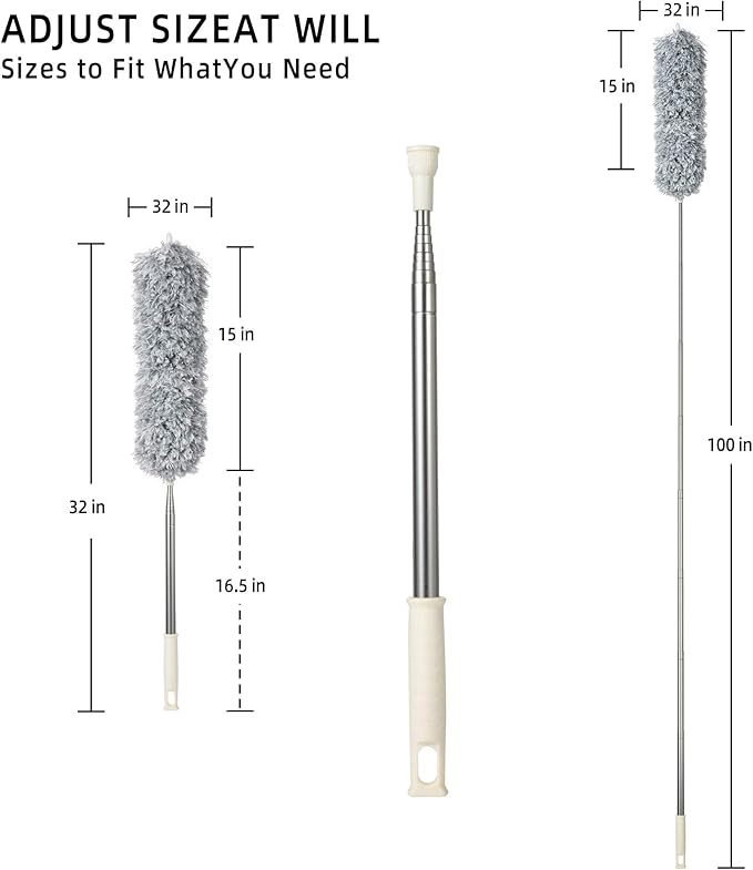Microfiber Duster with Extension Pole,Washable Bendable Head Ceiling Fan Duster,15-100 inch Wet or Dry Dust Collect Telescoping Dusters for Cleaning Ceiling Fan,High Ceiling,Furniture