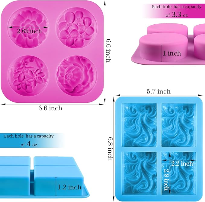 Sakolla 2 Pack Silicone Soap Molds, 4 Cavities Rectangle Wave and Round Flower Silicone Molds for Handmade Soap, Candle and Mousse Cake