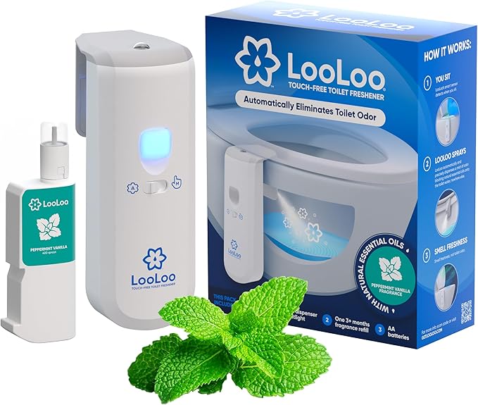 LooLoo 3.0 Touch Free Toilet Freshener, Automatic Touchless Toilet Air Freshener Spray For Bathroom Starter Kit (Dispenser and 1 Fragrance Bottle) with Toilet Light and Deodorizer - Peppermint Vanilla