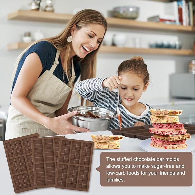 3Pcs Chocolate Bar Molds Deep, Dubai Chocoate Molds Silicone for Stuffed Bar, Rectangle Knafeh Pistachio Thick Chocolate Bar Break Apart Candy Bar Mold