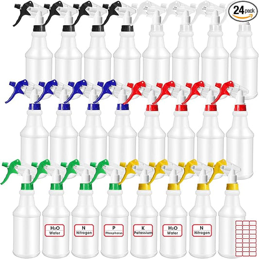 Gerrii 24 Pcs 24oz Plastic Spray Bottle Bulk, Empty Refillable Squirt Bottles for Cleaning Solution, Leak Proof Water Spray Bottle with Adjustable Nozzle and Stickers Commercial Supplies(Mix Color)