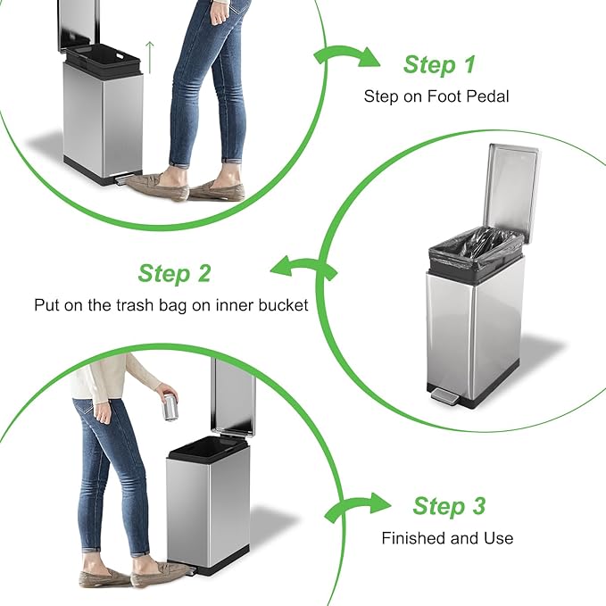 Trash Can with Lid - 45 Liter/12 Gallon Slim Stainless Steel Trash Can Odor Protection Kitchen Garbage Cans with Soft-Close Foot Pedal Anti-Fingerprint for Bathroom Home Office Rectangle